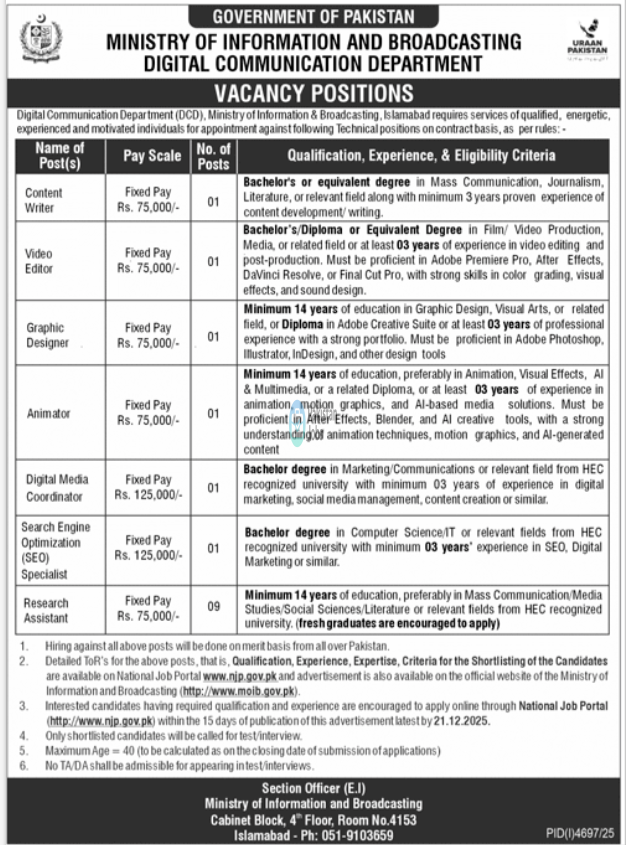 Ministry of Information & Broadcasting Islamabad Jobs 2026 – Digital Communication Department Vacancies