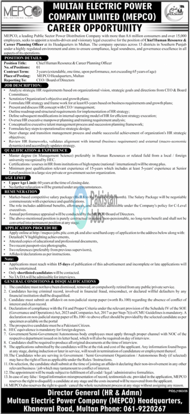 Multan Electric Power Company MEPCO Jobs 2025 – Chief Human Resource & Career Planning Officer